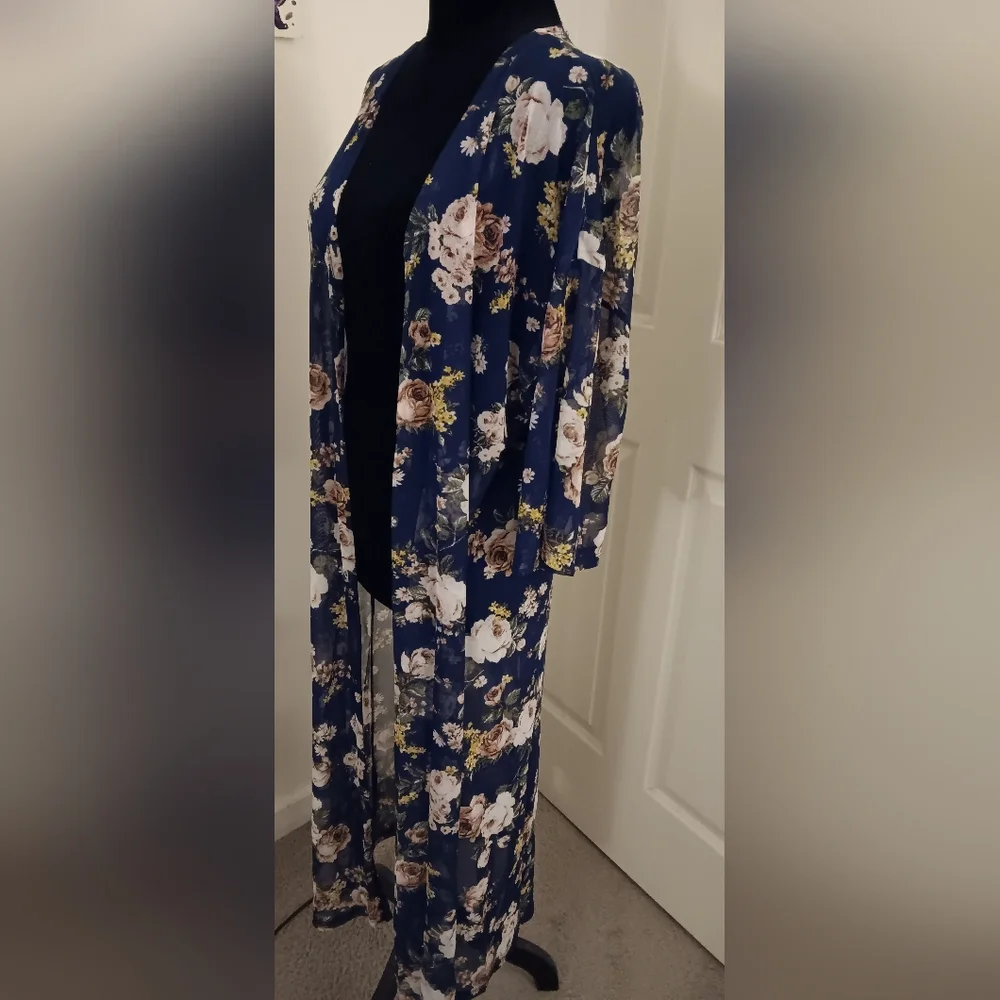 Ultra Flirt Sheer Blue Floral Kimono Duster Women's Size L New With Tags - Picture 2 of 5